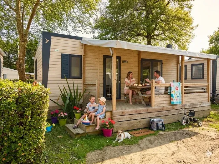 Mobil-home confort avec une famille profitant de sa terrasse